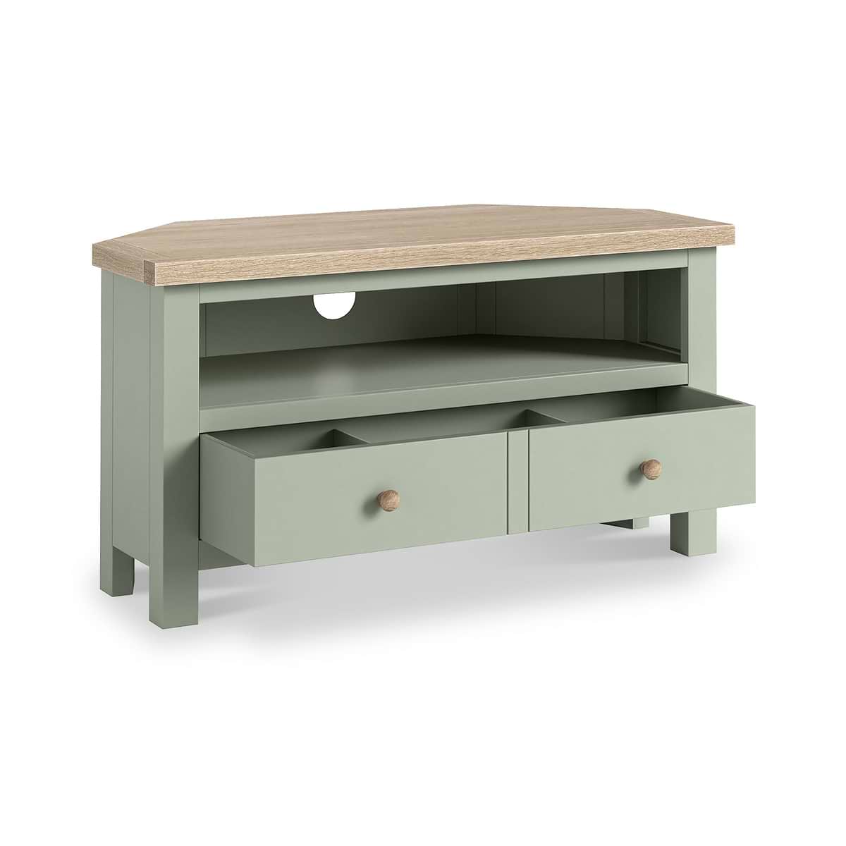 ROS-OUT-00135 Grade-C1 Roseland Furniture Farro Corner TV Unit Washed Oak & Sage RRP £164.95