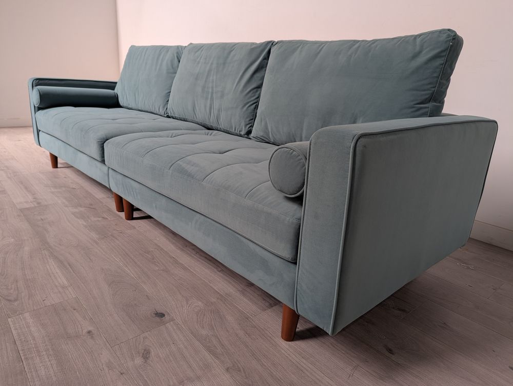 Contemporary Grade B Sky Blue Velvet & Brown Wood Legs 4 Seater Sofa RRP £1000