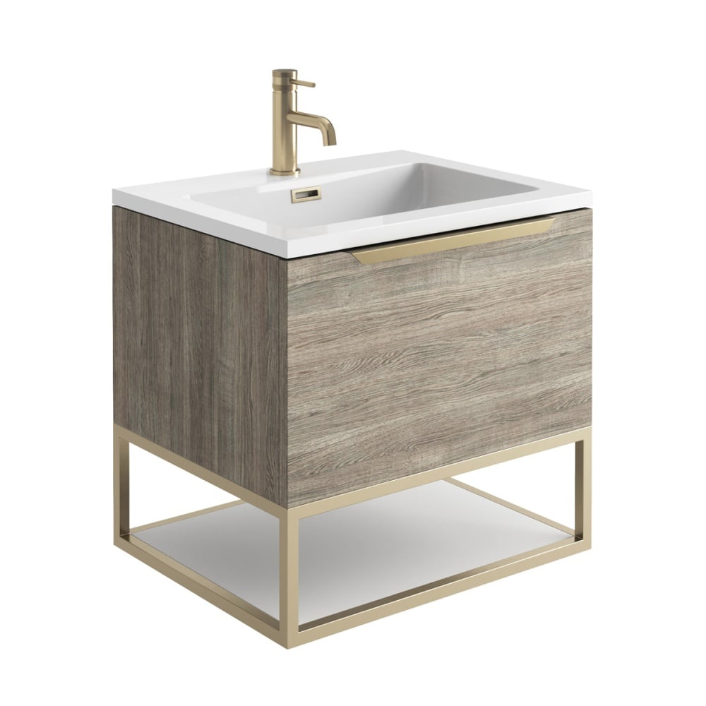 Scudo Grade A Ambience Grey Oak & Brass 800mm LED Wall-Hung Vanity Unit & Frame RRP £987