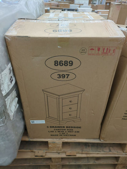 ROS-OUT-00201 Grade-C0 Roseland Furniture Colette 3 Drawer Bedside Table - Grey RRP £139.95