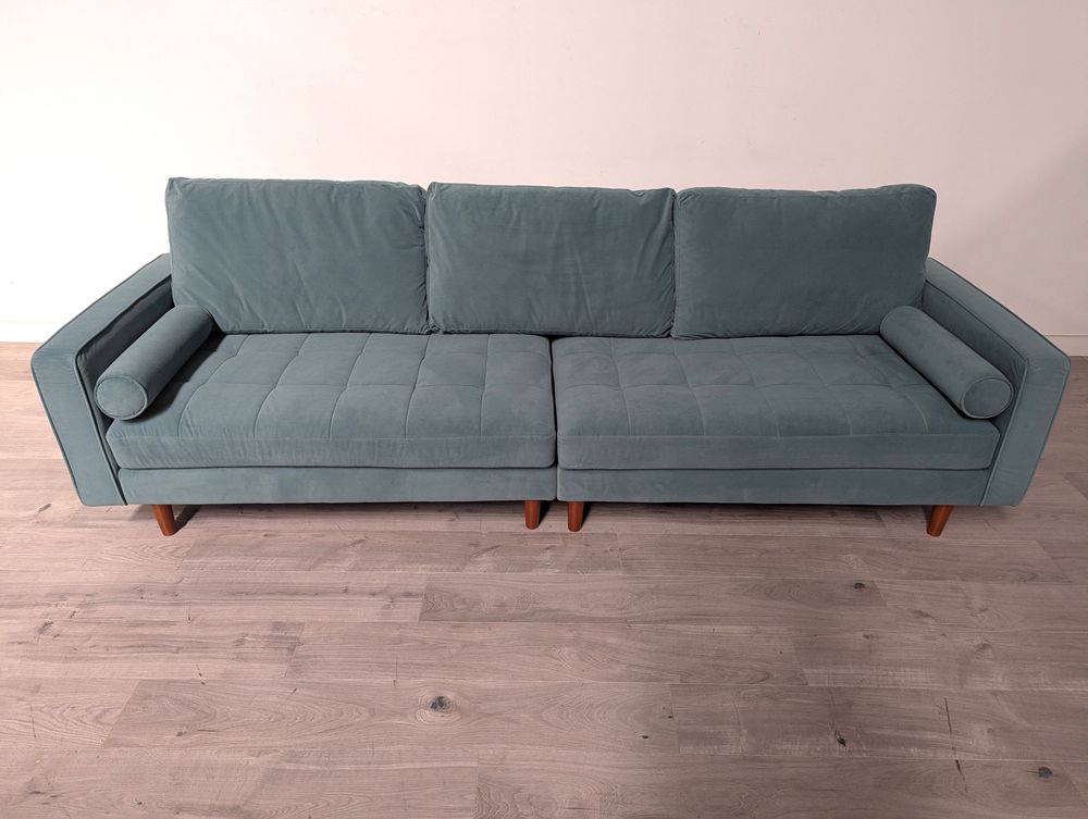 Contemporary Grade B Sky Blue Velvet & Brown Wood Legs 4 Seater Sofa RRP £1000