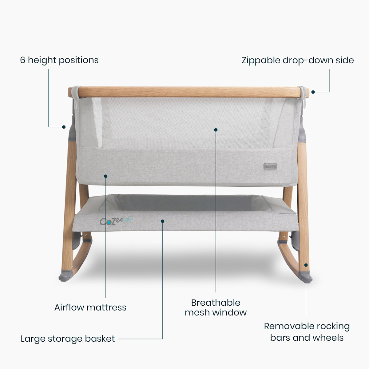 Tutti Bambini Grade B CoZee Air Bedside Crib - Oak / Sterling Silver RRP £225