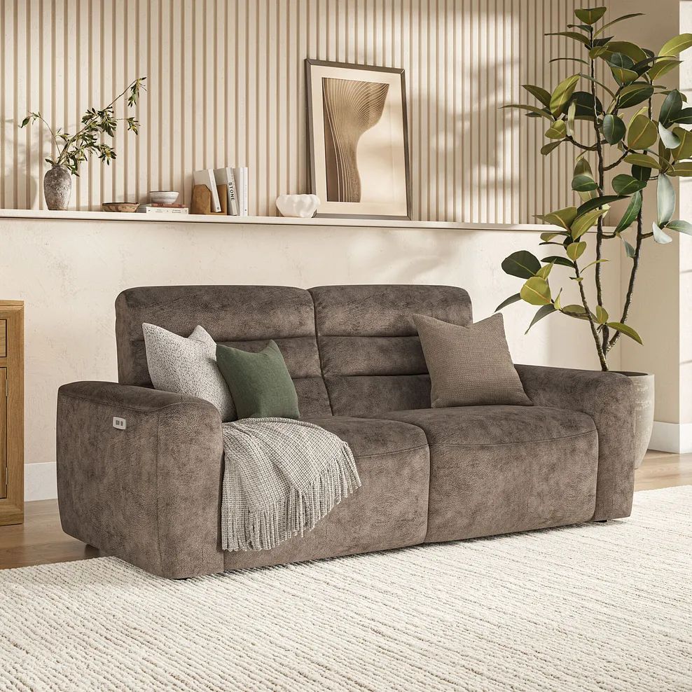 Oak Furnitureland Grade B Cohen Dapple Chocolate 3 Seat Electric Recliner Sofa RRP £1350
