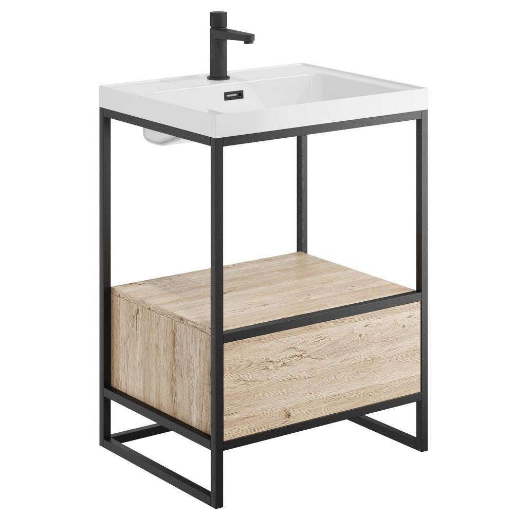 Scudo Grade A Boho 600mm Basin with Oak Drawer & Floorstanding Black Frame RRP £825