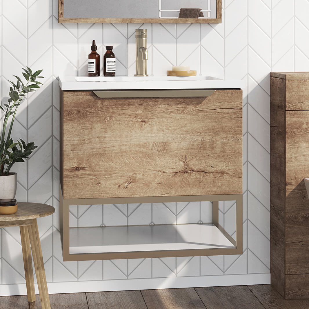 Scudo Grade A Ambience Rustic Oak & Brass 800mm LED Wall-Hung Vanity Unit RRP £987