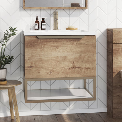 Scudo Grade A Ambience Rustic Oak & Brass 800mm LED Wall-Hung Vanity Unit RRP £987