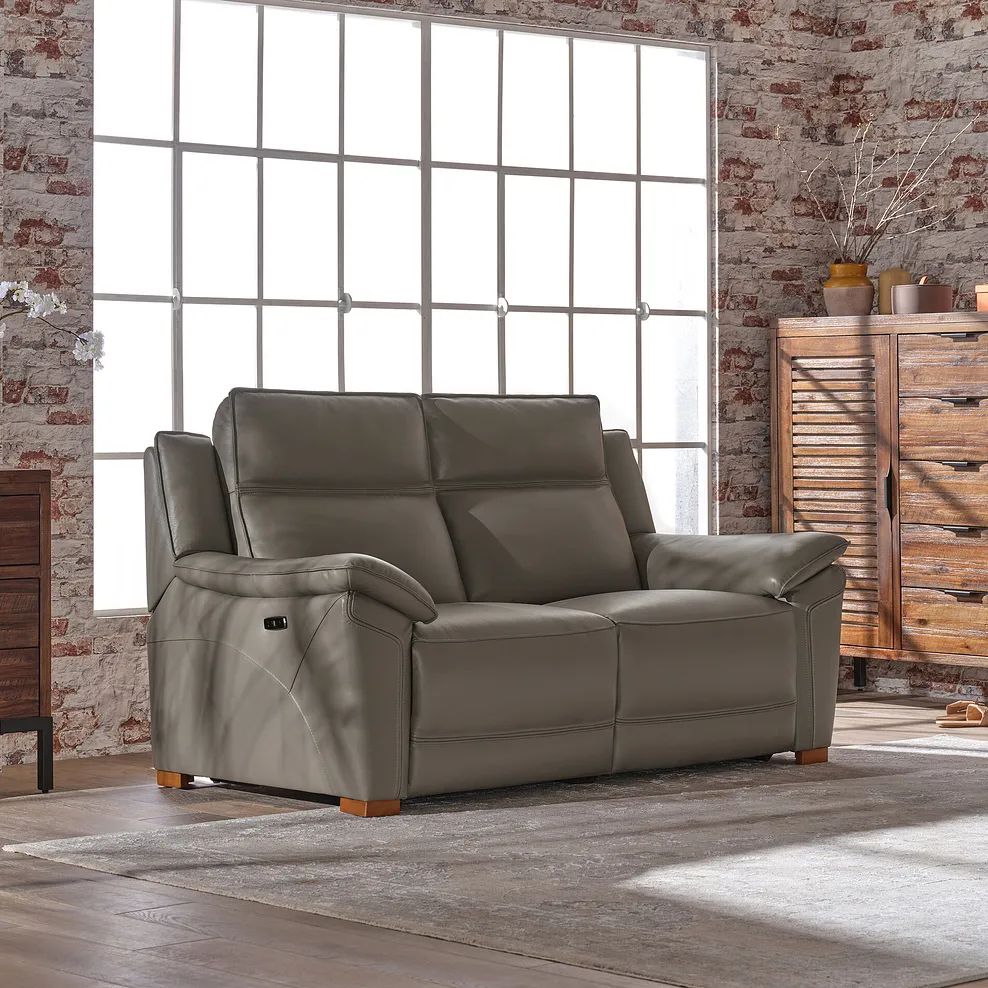  Oak Furnitureland Grade B Dune Grey Leather 2 Seater Electric Recliner Sofa RRP £2150