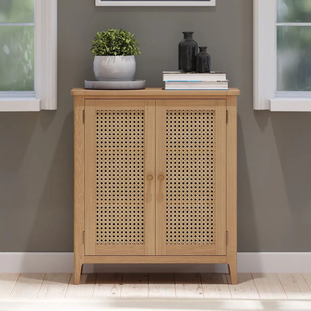 Roseland Grade B Furniture Albany Oak & Rattan Small Cupboard RRP £380