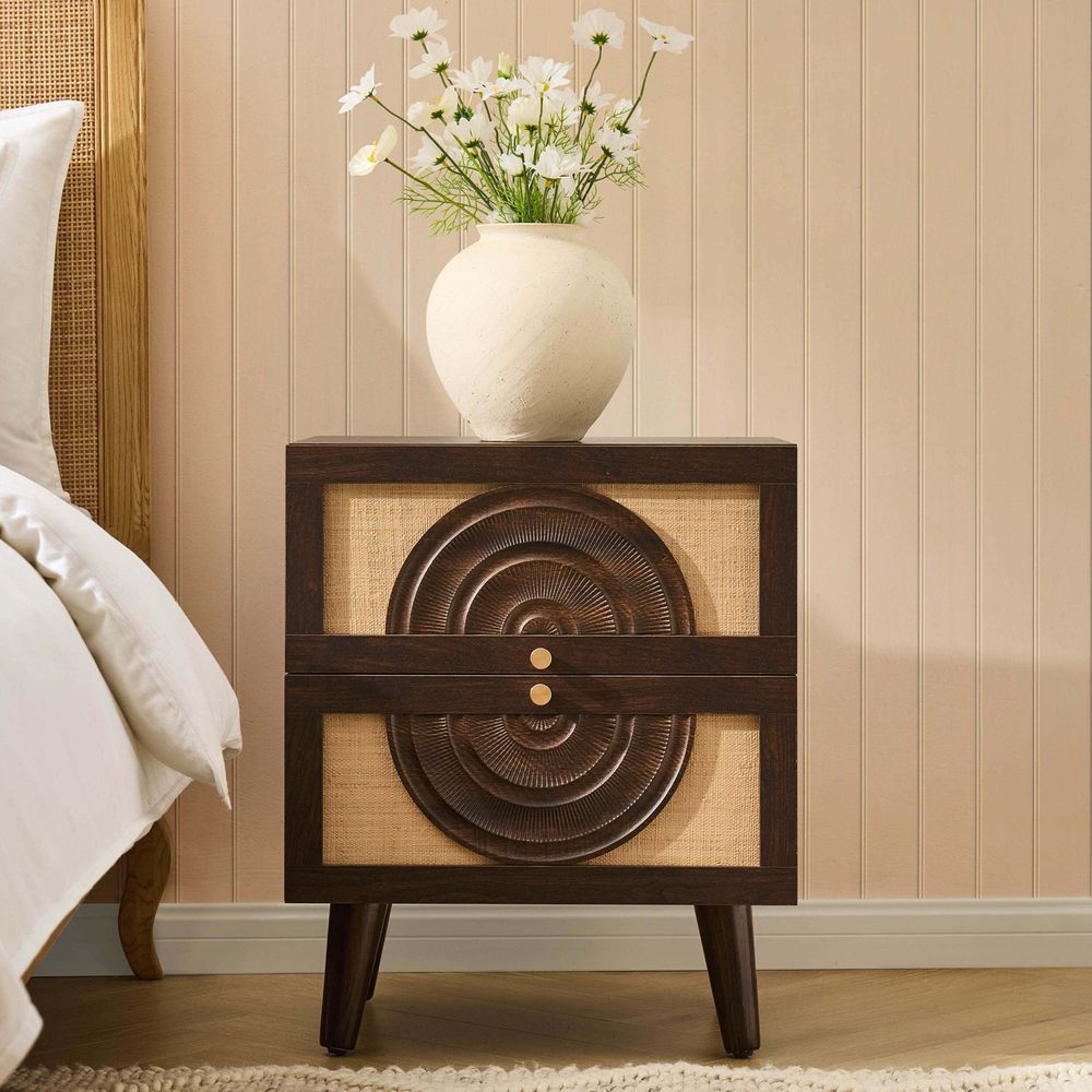 DUS-CC2-04108 Grade-B Dusk Raven Rattan 2 Drawer Bedside Table - Walnut RRP £119.00