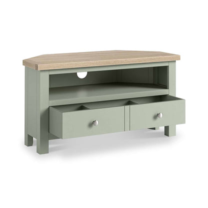 ROS-OUT-00135 Grade-C1 Roseland Furniture Farro Corner TV Unit Washed Oak & Sage RRP £164.95