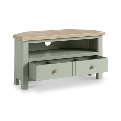 ROS-OUT-00135 Grade-C1 Roseland Furniture Farro Corner TV Unit Washed Oak & Sage RRP £164.95