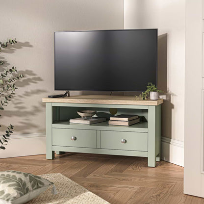 ROS-OUT-00135 Grade-C1 Roseland Furniture Farro Corner TV Unit Washed Oak & Sage RRP £164.95