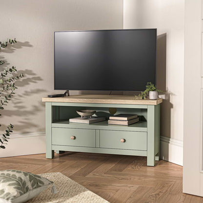 ROS-OUT-00135 Grade-C1 Roseland Furniture Farro Corner TV Unit Washed Oak & Sage RRP £164.95