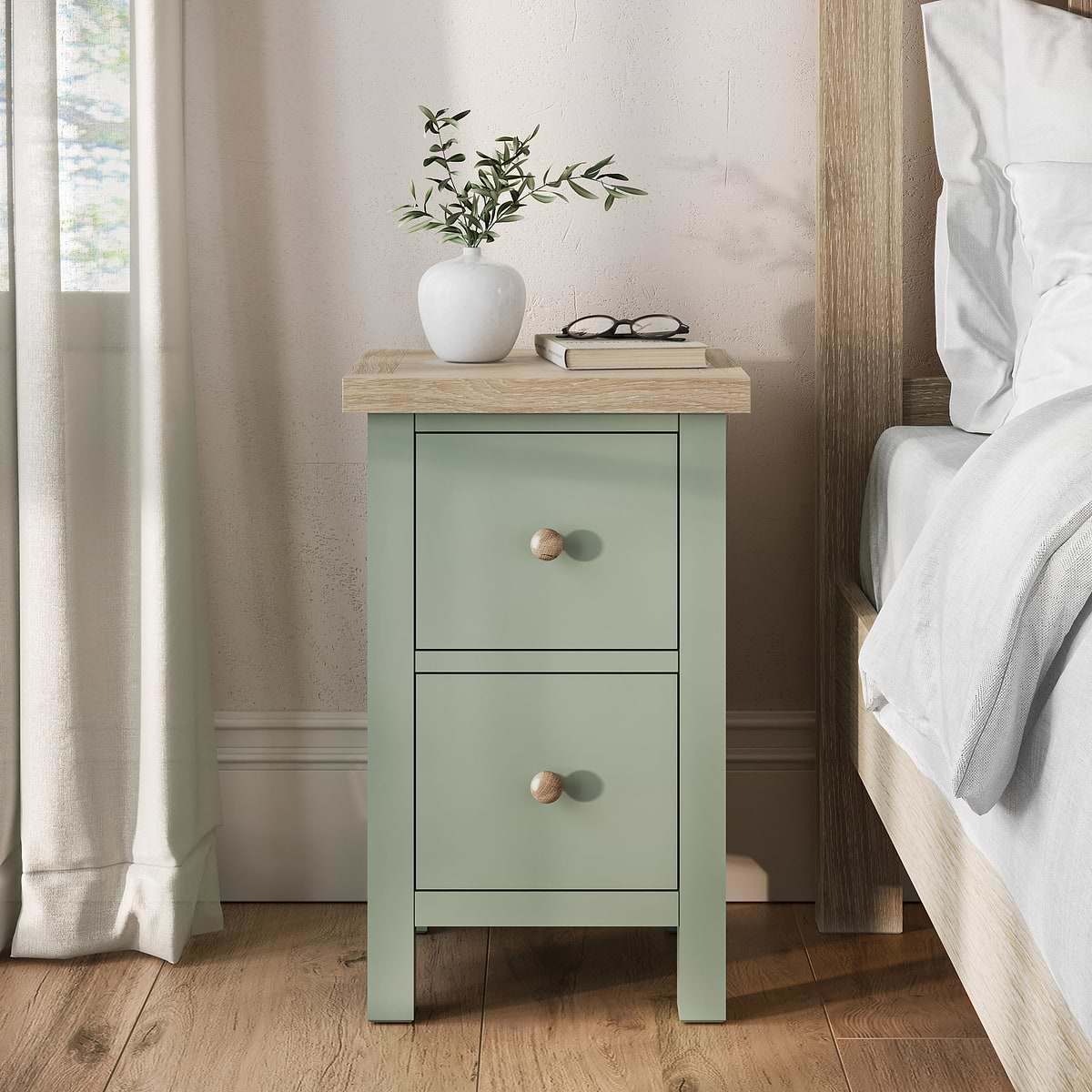 ROS-OUT-00004 Grade-C0 Roseland Furniture Farro Slim Bedside Washed Oak & Sage RRP £89.95