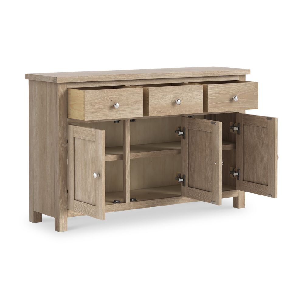 ROS-OUT-00608 Grade-C1 Roseland Furniture Farrow Washed Oak Large Sideboard RRP £369.95