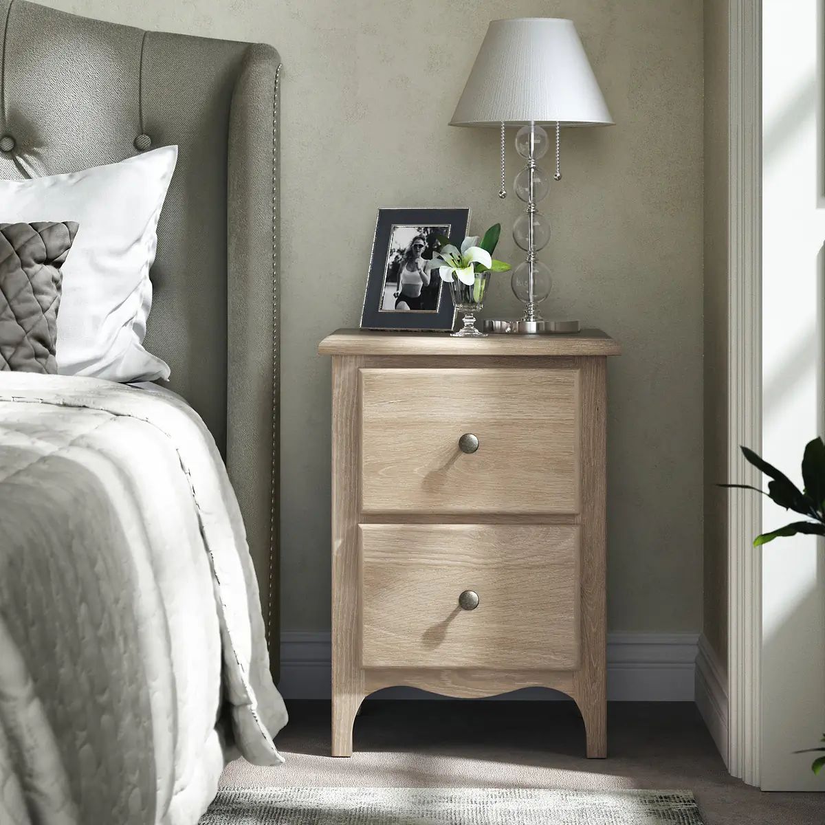 ROS-OUT-00874 Grade-B Roseland Furniture Celine Washed Oak 2 Drawer Bedside Table RRP £109.00