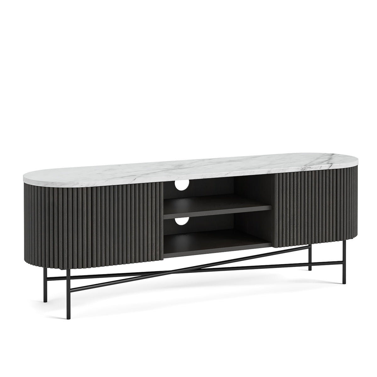 Roseland Grade B Furniture Milo Black Mango Wood & White Marble Fluted TV Stand RRP £750