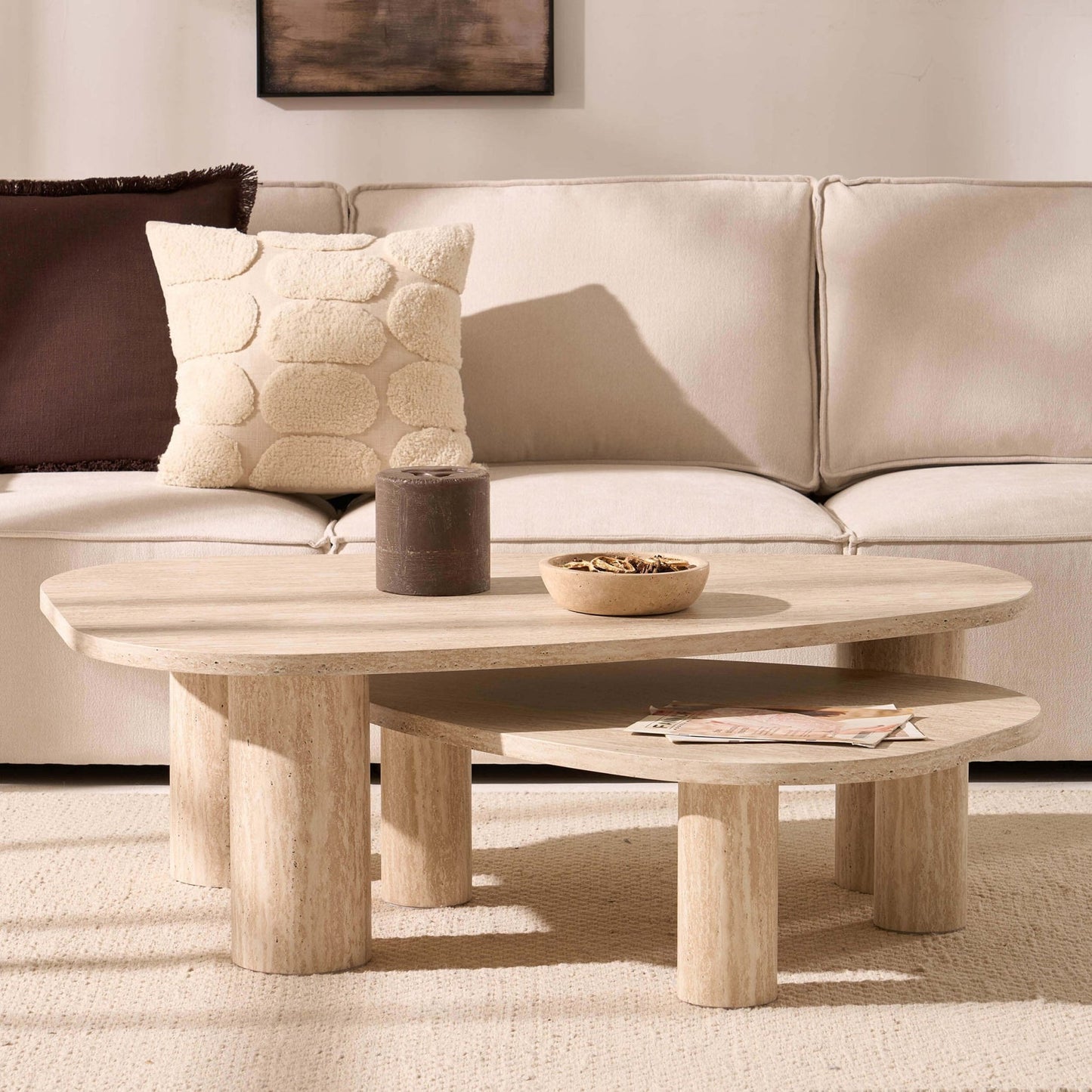 DUS-CC2-06232 Grade-B Dusk Azra Nesting Coffee Tables - Travertine Marble Effect RRP £199.00