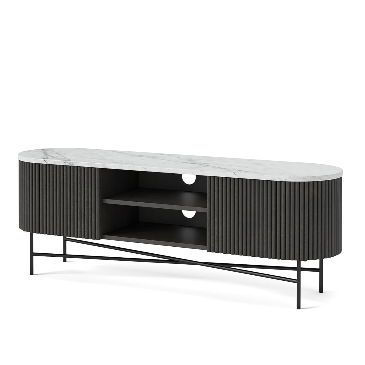 Roseland Grade B Furniture Milo Black Mango Wood & White Marble Fluted TV Stand RRP £750