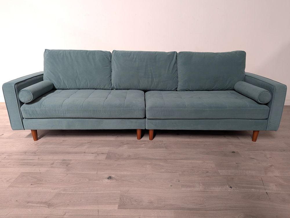 Contemporary Grade B Sky Blue Velvet & Brown Wood Legs 4 Seater Sofa RRP £1000