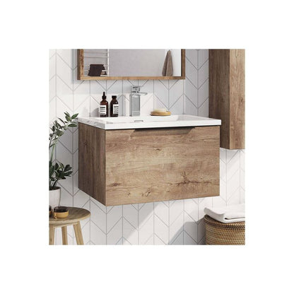 Scudo Grade A Ambience Rustic Oak & Brass 800mm LED Wall-Hung Vanity Unit RRP £987