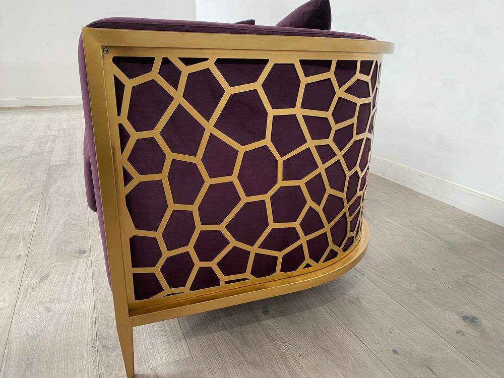 Contemporary Grade B Curved Aubergine Velvet & Brushed Gold 2 Seater Sofa RRP £650
