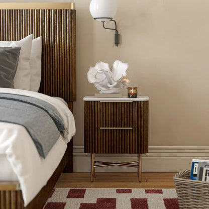 ROS-OUT-00777 Grade-B Roseland Furniture Milo Mango Wood & Marble 2 Drawer Narrow Bedside Table RRP £285.00