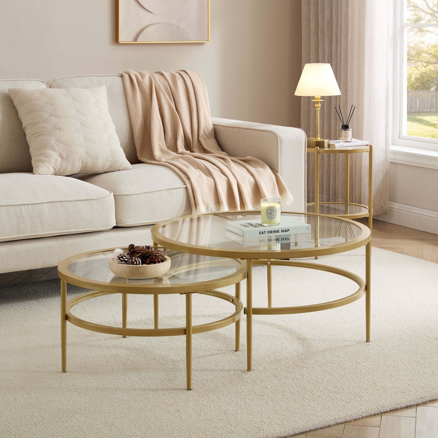 DUS-CC2-03877 Grade-B Dusk Glass Round Nesting Coffee Tables - Gold RRP £129.00