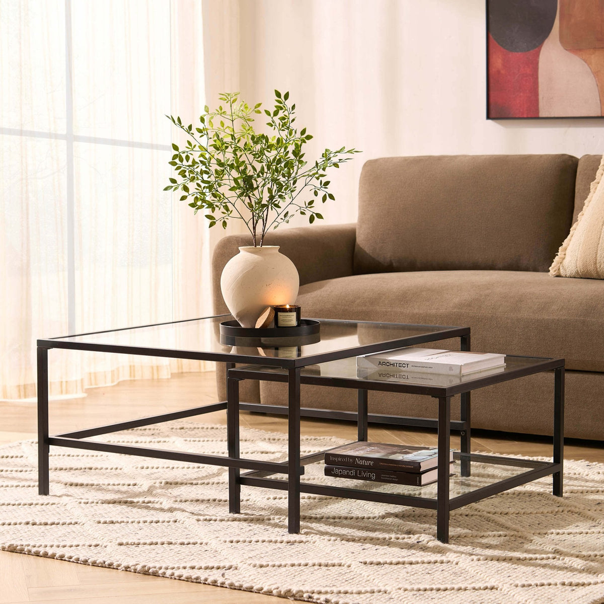 DUS-CC2-07917 Grade-B Dusk Glass Square Nesting Coffee Tables - Black RRP £97.00