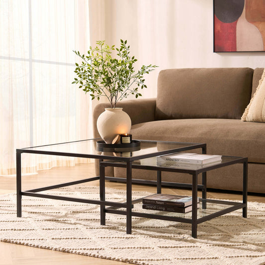 DUS-CC2-07917 Grade-B Dusk Glass Square Nesting Coffee Tables - Black RRP £97.00