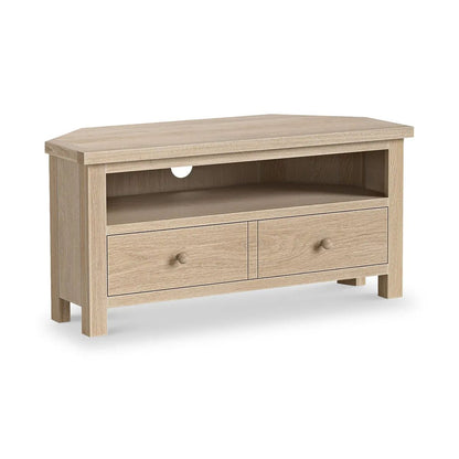 ROS-OUT-01111 Grade-B Roseland Furniture Trelan Washed Oak 2 Drawer Corner TV Unit RRP £224.95