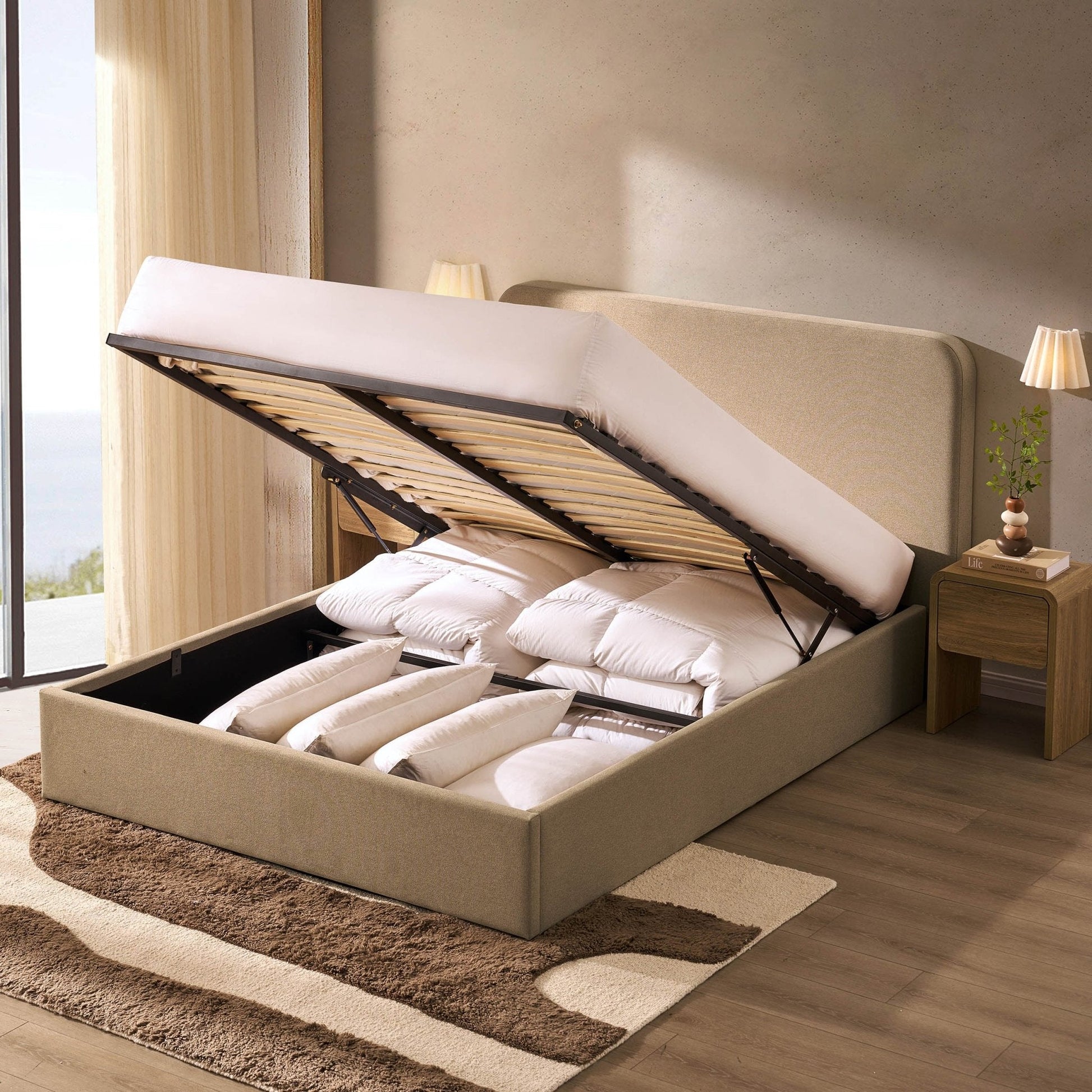 Dusk Ascot Grade B Oatmeal Linen Look King Size Ottoman Storage Bed RRP £349