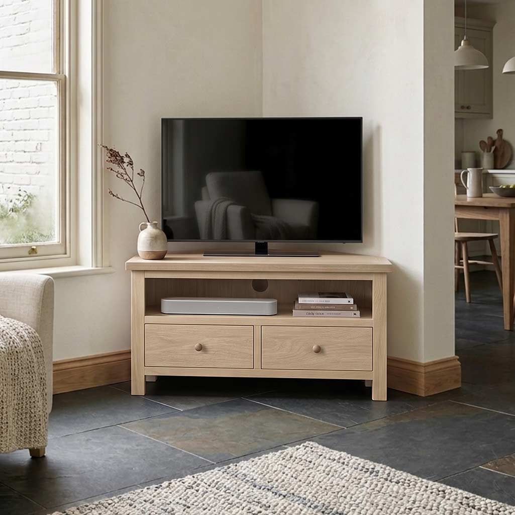 ROS-OUT-01111 Grade-B Roseland Furniture Trelan Washed Oak 2 Drawer Corner TV Unit RRP £224.95