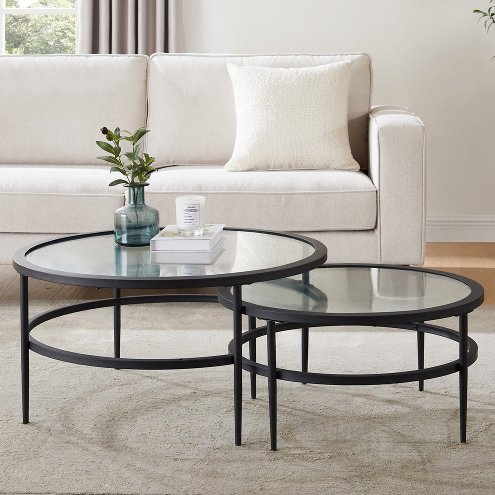 DUS-CC2-02307 Grade-B Dusk Glass Round Nesting Coffee Tables RRP £129.00