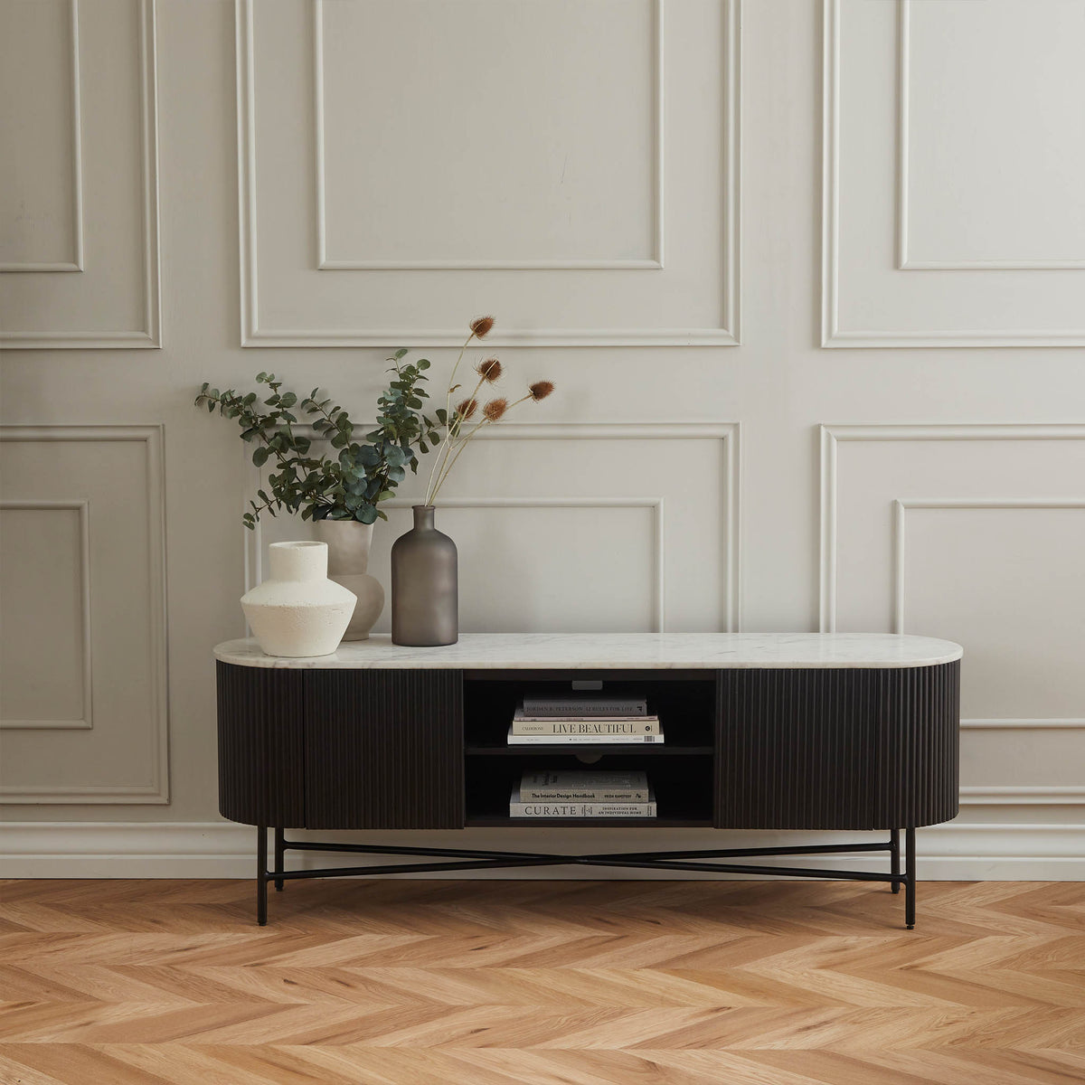 Roseland Grade B Furniture Milo Black Mango Wood & White Marble Fluted TV Stand RRP £750