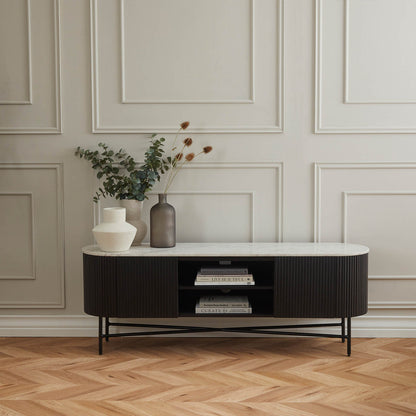 Roseland Grade B Furniture Milo Black Mango Wood & White Marble Fluted TV Stand RRP £750