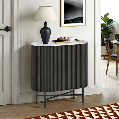 Roseland Grade B Furniture Milo Black Mango Wood & Marble Fluted Mini Sideboard RRP £535