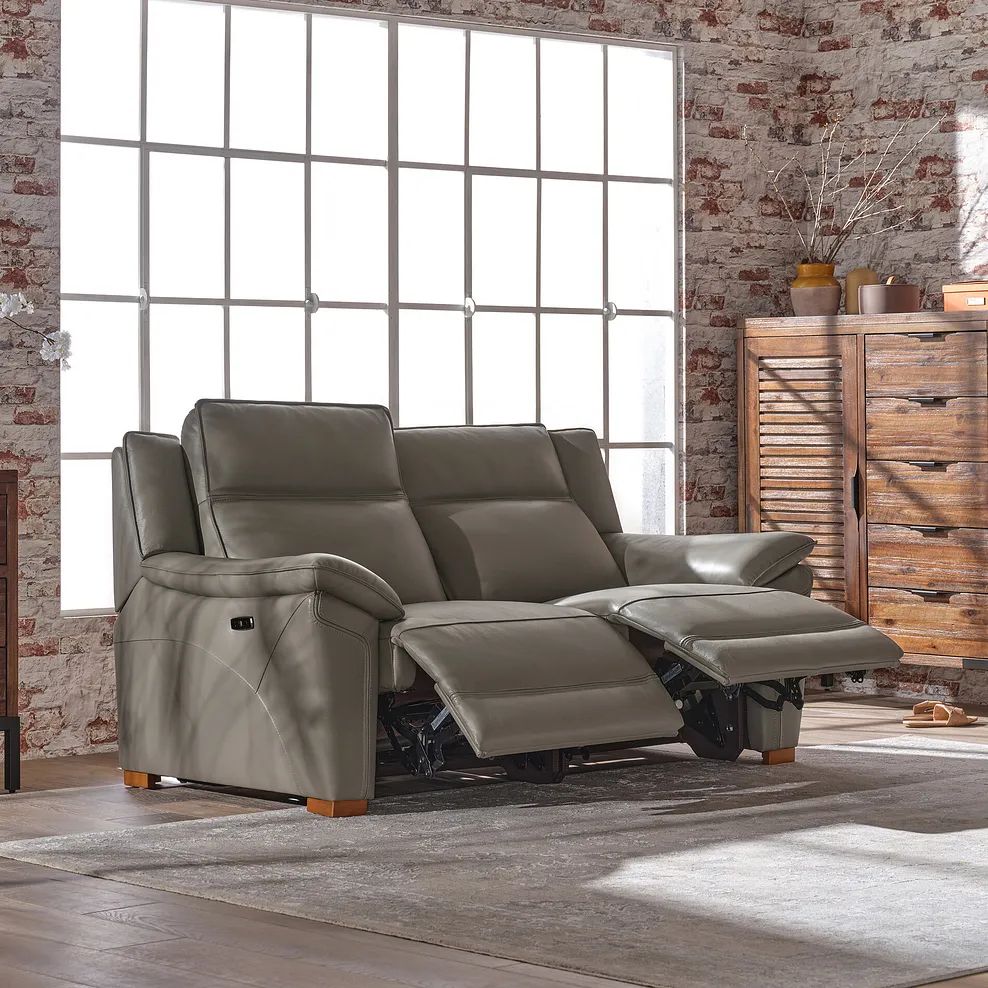  Oak Furnitureland Grade B Dune Grey Leather 2 Seater Electric Recliner Sofa RRP £2150