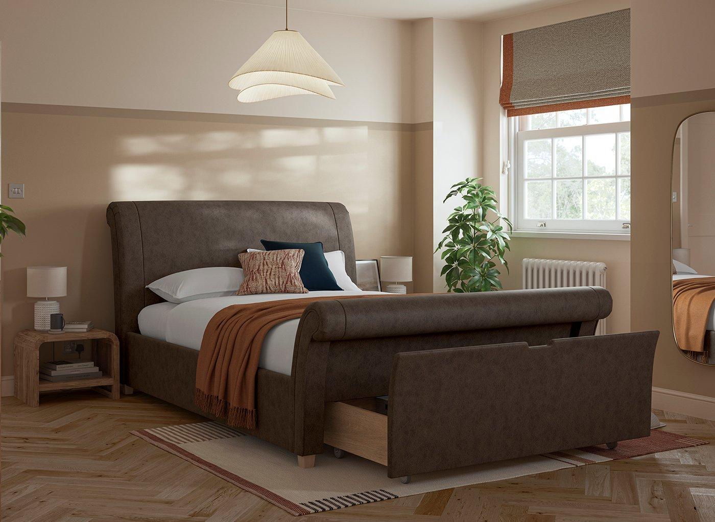 Dreams Grade B Delaware Brown Faux Leather King Size Sleigh Storage Bed Frame RRP £799