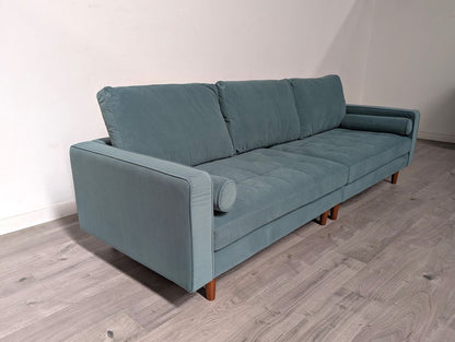Contemporary Grade B Sky Blue Velvet & Brown Wood Legs 4 Seater Sofa RRP £1000
