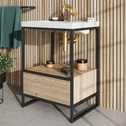 Scudo Grade A Boho 600mm Basin with Oak Drawer & Floorstanding Black Frame RRP £825