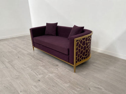 Contemporary Grade B Curved Aubergine Velvet & Brushed Gold 2 Seater Sofa RRP £650