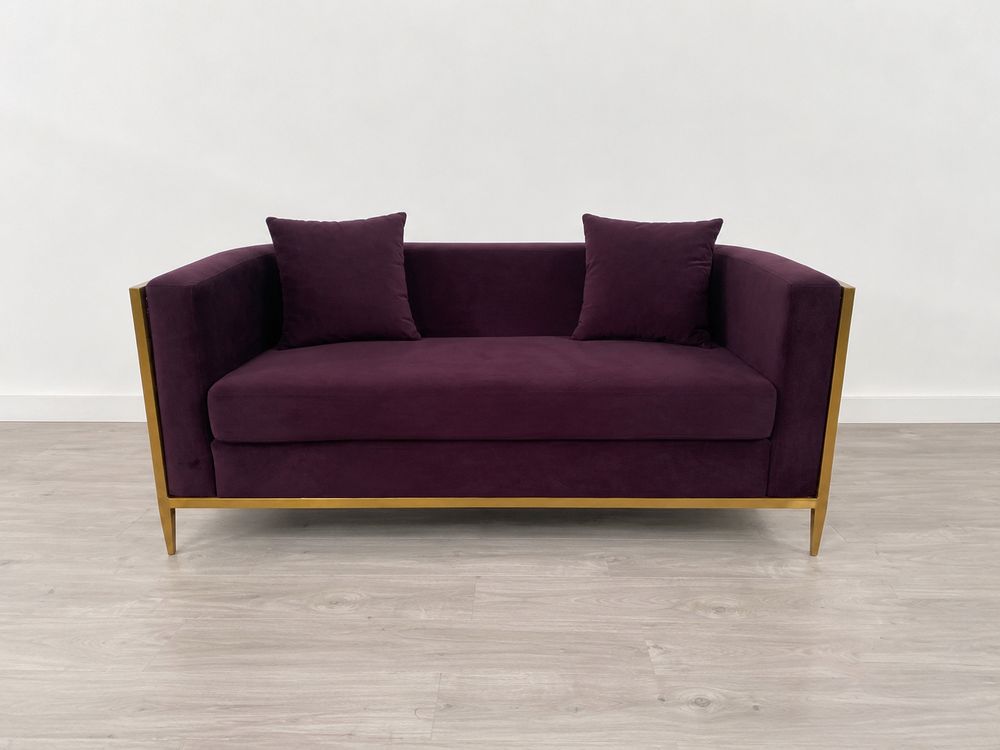 Contemporary Grade B Curved Aubergine Velvet & Brushed Gold 2 Seater Sofa RRP £650