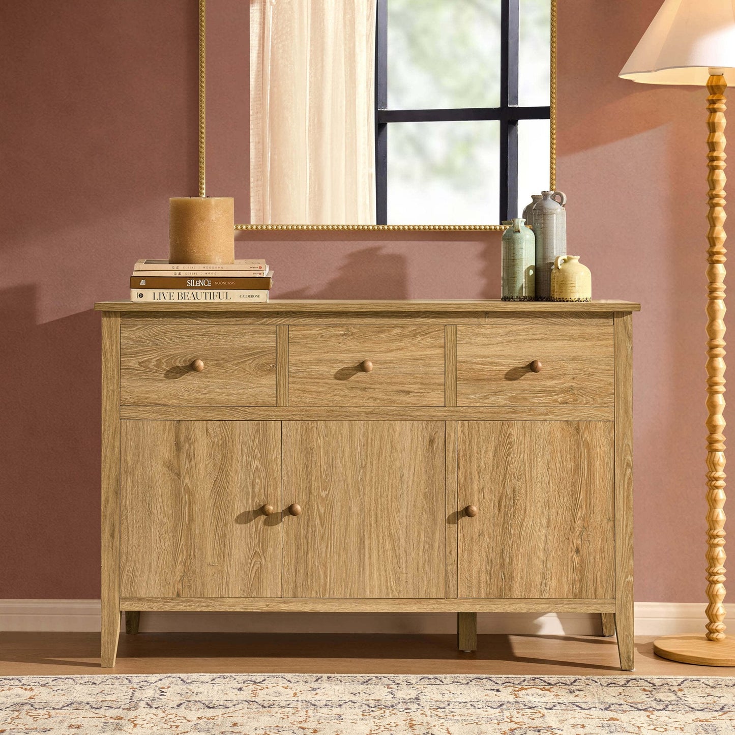 DUS-CC2-06657 Grade-B Dusk Nell 3 Door Sideboard with Drawers - Light Wood RRP £186.00