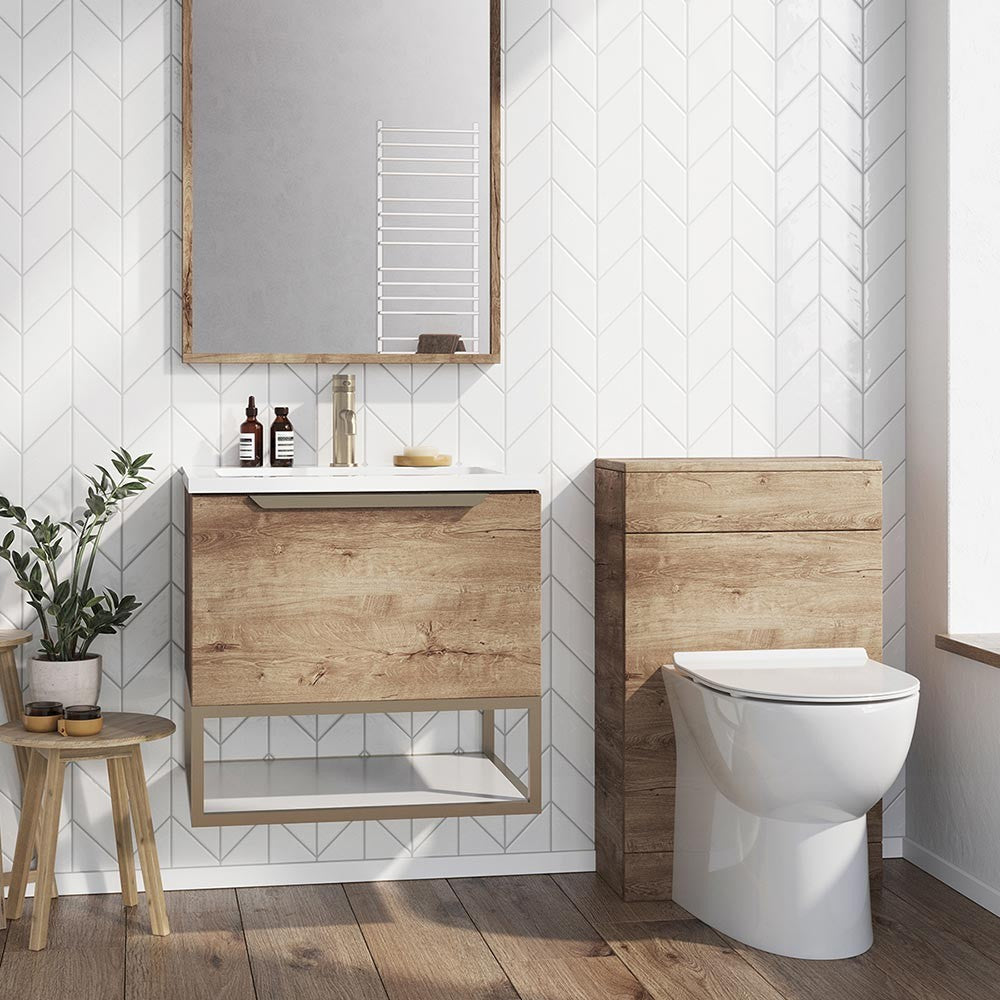 Scudo Grade A Ambience Rustic Oak & Brass 800mm LED Wall-Hung Vanity Unit RRP £987