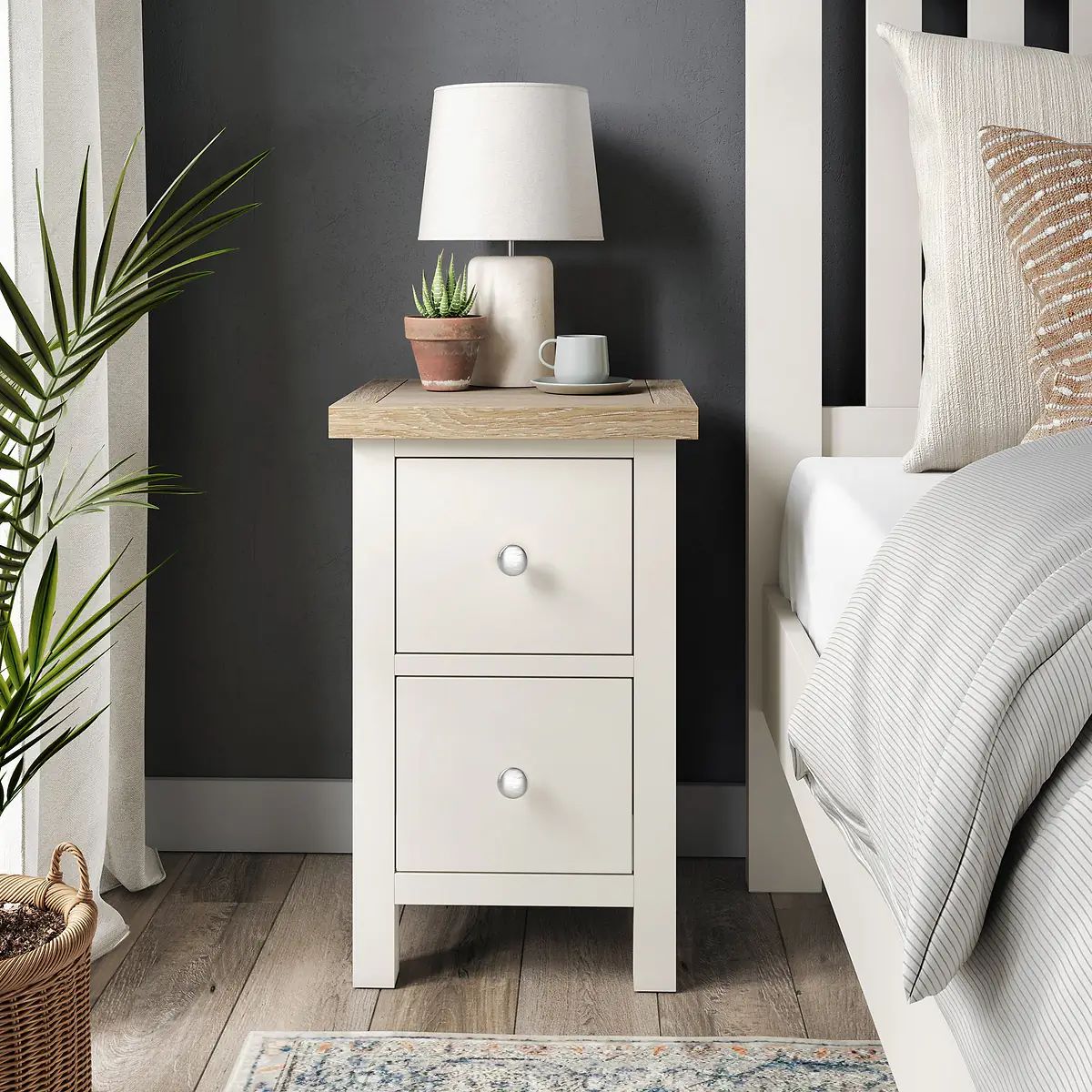 ROS-OUT-00539 Grade-C1 Roseland Furniture Farro Coconut White & Oak Slim Bedside Table RRP £94.95