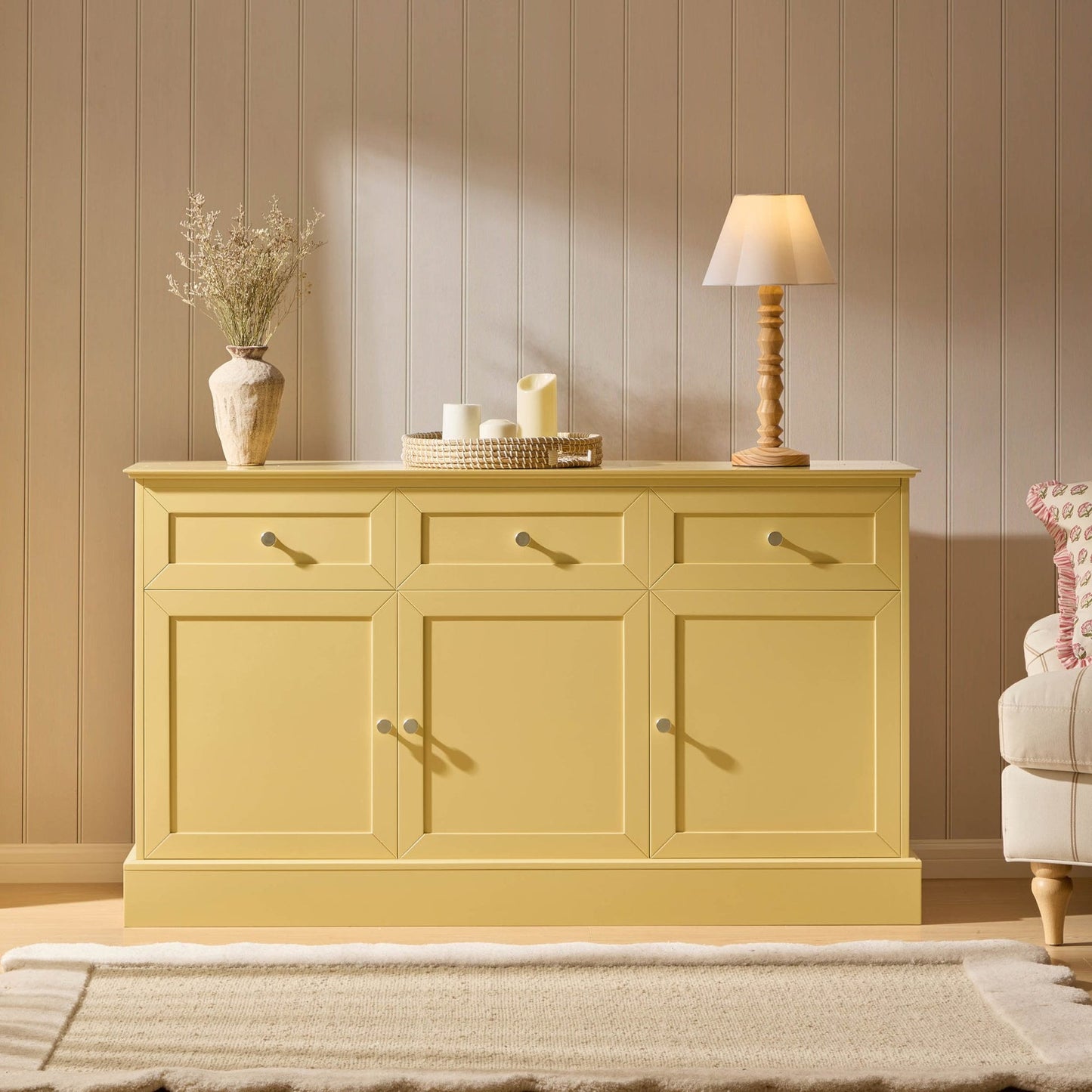 Dusk Ruby Grade B Butter Yellow 3 Door Sideboard with Drawers RRP £279