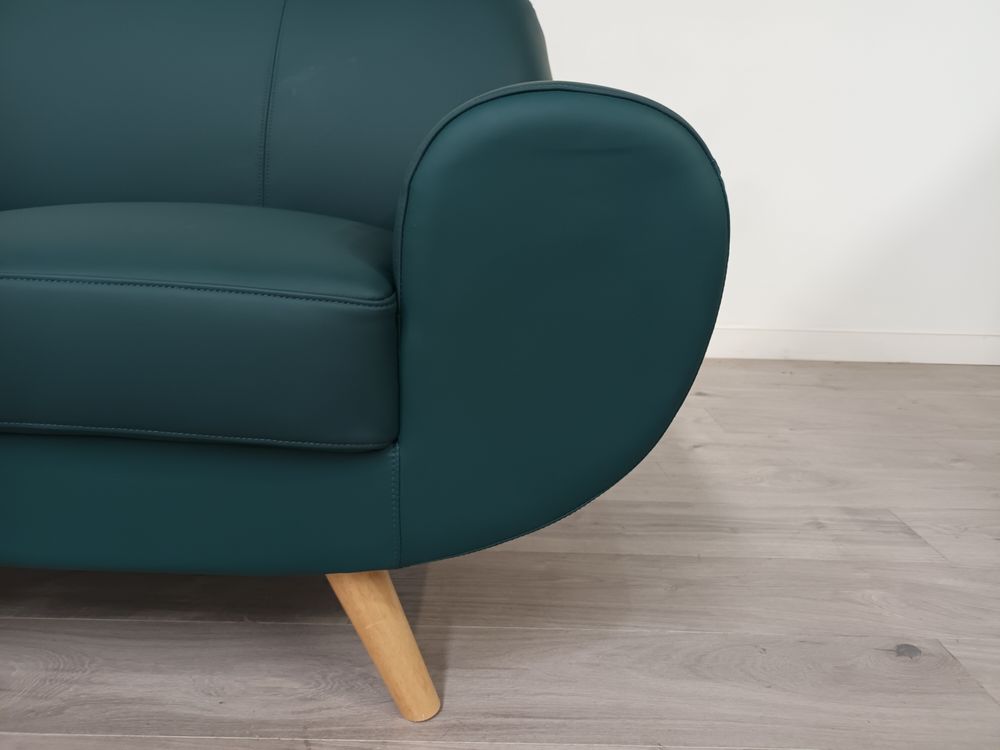 Febonic Living Grade B Jessy Teal Faux Leather & Light Wood 2 Seater Sofa RRP £600