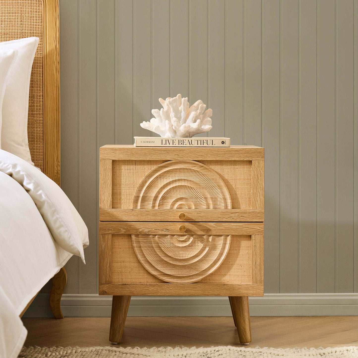 DUS-CC2-05518 Grade-B Dusk Raven Light Wood & Rattan 2 Drawer Bedside Table RRP £119.00