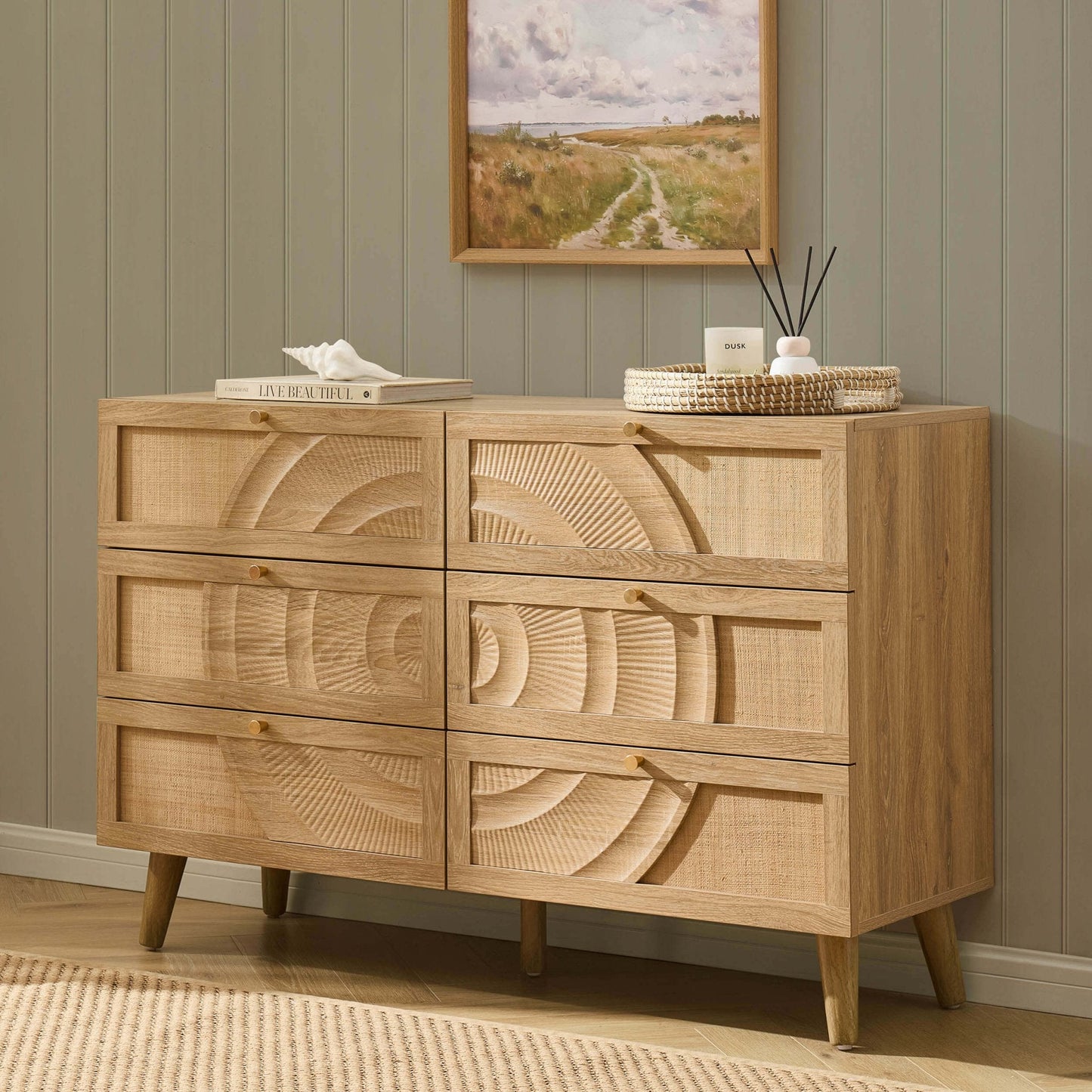 DUS-CC2-05936 Grade-B Dusk Raven Light Wood & Rattan 6 Drawer Chest RRP £259.00